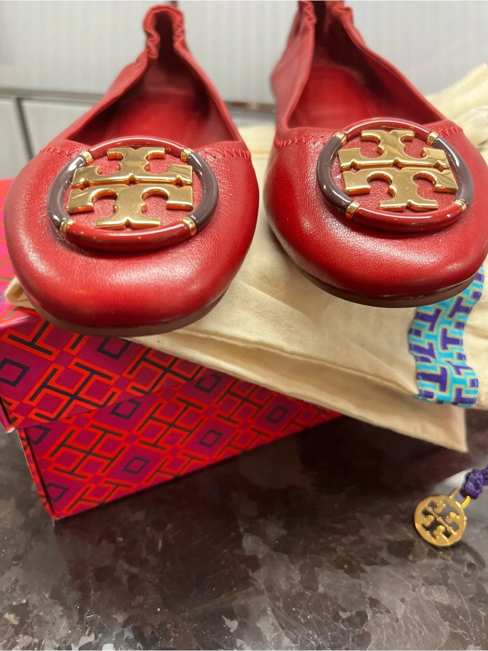 Tory Burch Red Leather Ballet Flats – Gold Double T Logo – Size 8 – Brand New